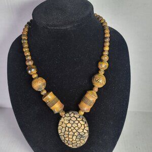Vintage Handmade Wooden Beaded Textured Pendant Tribal-Inspired Design Necklace